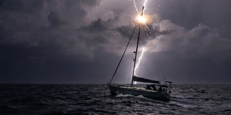 Yacht being stuck by lightning 