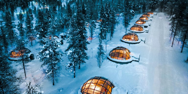 Luxury glass igloos illuminated at night in a snowy Lapland pine forest for winter tourism.