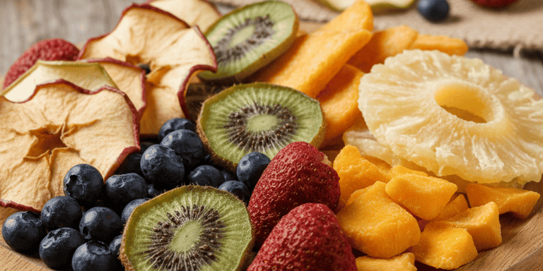Fruta de temporada (arandano azul, mango, piña, fresa y kiwi) deshidratada