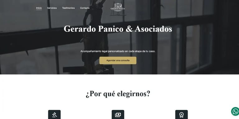 Página principal del bufete de abogados Gerardo Panico & Asociados, que incluye una estatua de la Da