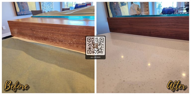 Before and after comparison of professional wood furniture repair and refinishing on a mahogany base.