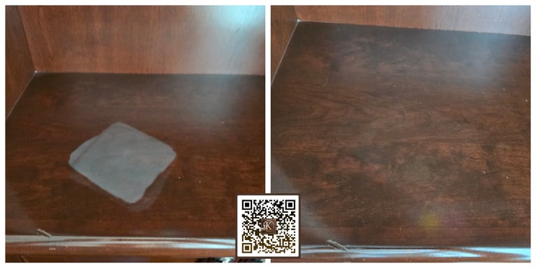 Before and after comparison of water stain removal on dark wood furniture surface.