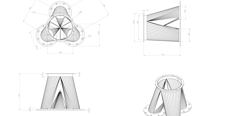 Technical 2D and 3D CAD drawing of a triple-flanged industrial pipe manifold with precise engineering dimensions.