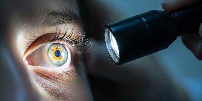 Optometrist doing torch light eye examination looking for eye problems and eye diseases.