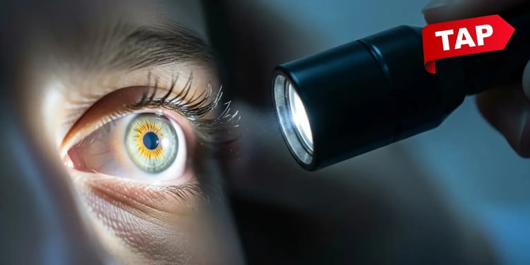 Optometrist doing torch light eye examination looking for eye problems and eye diseases.