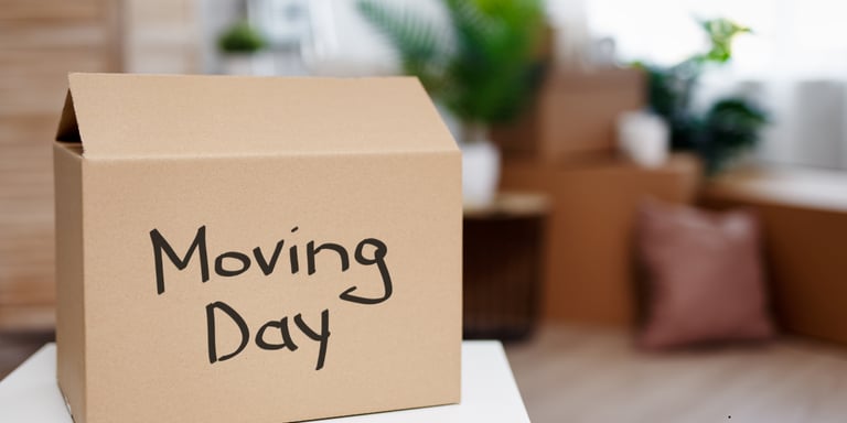 Image of a box marked moving day with the background of a living room