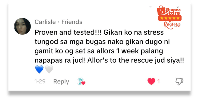 Customer testimonials highlighting positive reviews for Allors Skincare on Shopee.