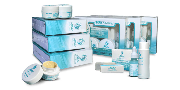 A collection of Allors skincare products, including creams, soaps, and serums, showcasing vibrant packaging and promotional