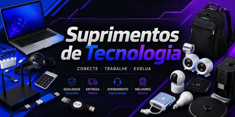 Technology supplies banner featuring a laptop, headphones, smart home devices, and office gadgets on a blue background.