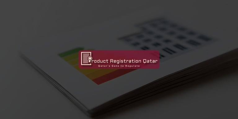 A printed classification chart on a desk with the Product Registration Qatar logo overlayed in the center.
