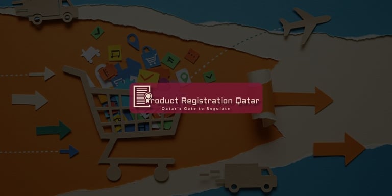 Ecommerce icons flowing from a shopping cart with delivery and transport symbols behind the Product Registration Qatar logo.