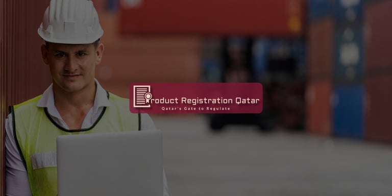 Qatar port inspector with helmet and laptop checking containers for product certification compliance.