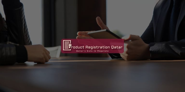 Product Registration Qatar Logo with Slogan and Free Consultation Blog background