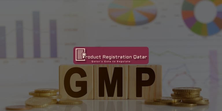GMP Compliance in Qatar concept with wooden blocks, coins, and charts representing supplement regulation and quality control.