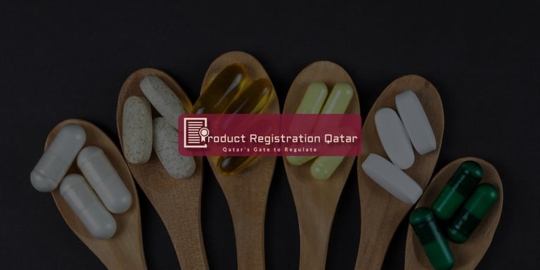 Product Registration Qatar Logo with Slogan and Health Supplements on wooden spoons in background
