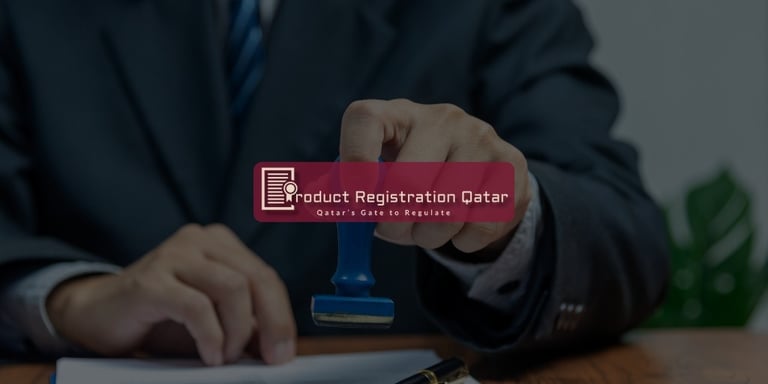 Official product registration and approval process in Qatar, featuring a business professional stamping regulatory documents.