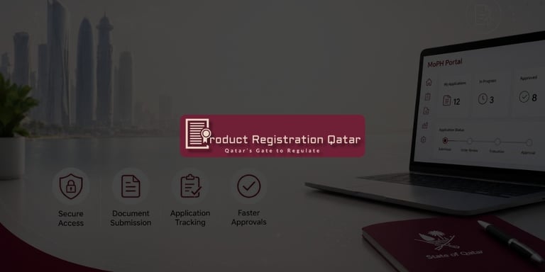moph portal qatar workflow interface with document submission tracking icons and product registration dashboard