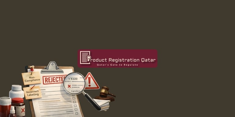 MoPH rejection reasons in Qatar illustrated with rejected product file, compliance warning sign, and regulatory review tools