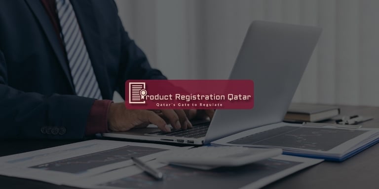 Officer reviewing product documents on laptop with charts, symbolizing MoPH pre-approval in Qatar for product registration.