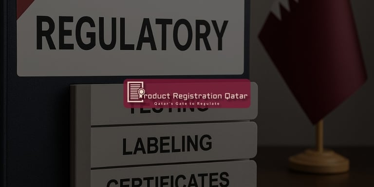 labeled regulatory folders marked “TESTING,” “LABELING,” and “CERTIFICATES,” with Qatar flag in background.
