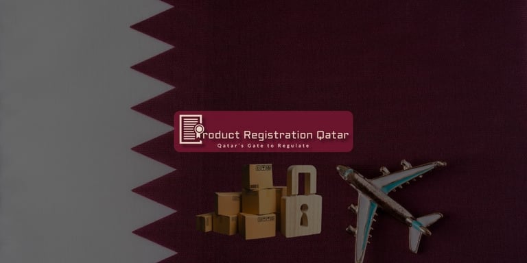 Air freight, boxes, & lock on Qatar flag symbolizing secure product import compliance & Product Registration Qatar Logo.