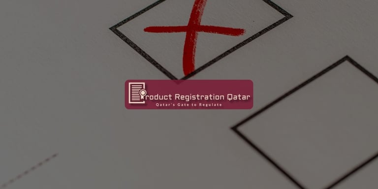 Product Registration Qatar Logo and slogan overlay on a white paper with compliance rejection in background