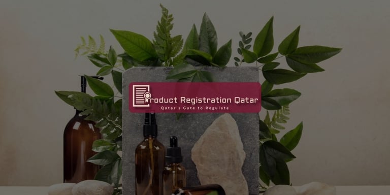 Product Registration Qatar Logo and Slogan with  Sustainable and Safe Products in the background