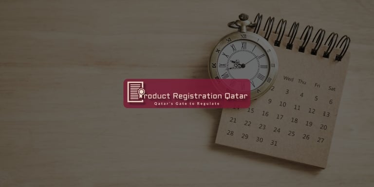 Clock and calendar representing product registration timeline in Qatar with Product Registration Qatar branding.