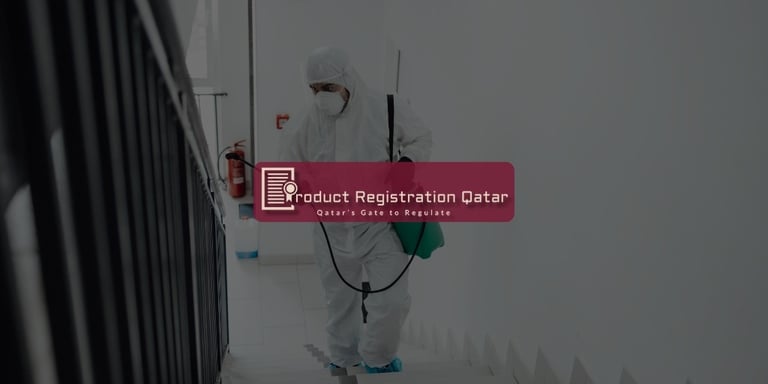 Worker in full protective gear spraying disinfectant in building stairwell, representing cleaning product regulation in Qatar