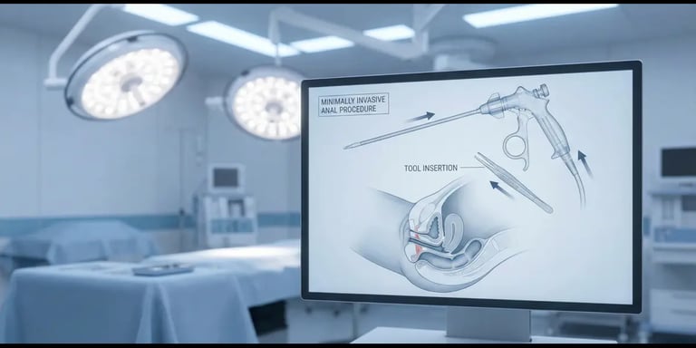 Professional 3D surgical illustration showing minimally invasive anal surgery tools and procedural.
