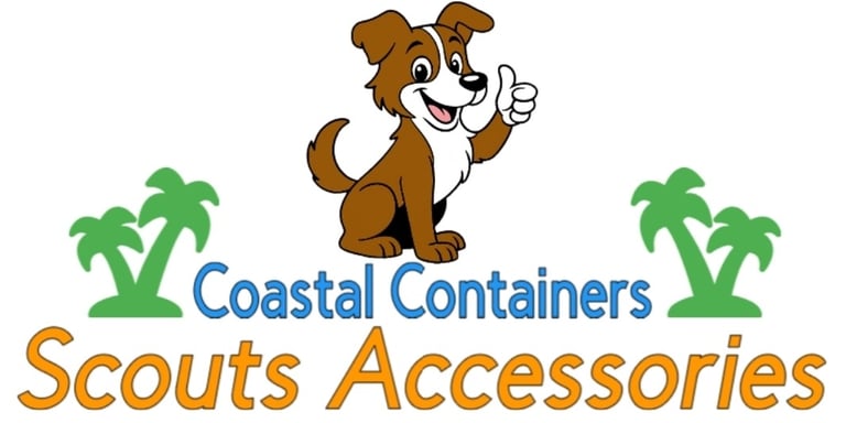 Logo for Scout's Accessories from Coastal Containers, featuring Scout the dog giving a thumbs up.
