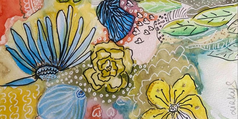 Détails de l'aquarelle fleurie jaune verte et bleue 