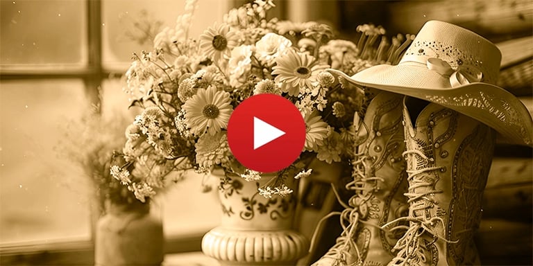 Rustic sepia still life featuring vintage cowboy boots, a wide-brimmed hat, and fresh spring flowers.