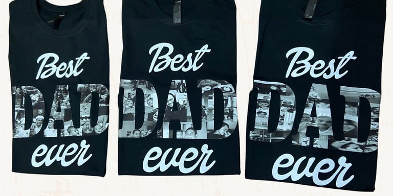 Tres playeras negras personalizadas con el texto “Best Dad Ever” collage de fotos familiares
