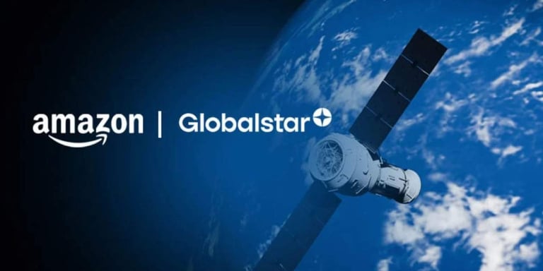 Amazon and Globalstar partnership logo displayed with a satellite orbiting Earth in space.