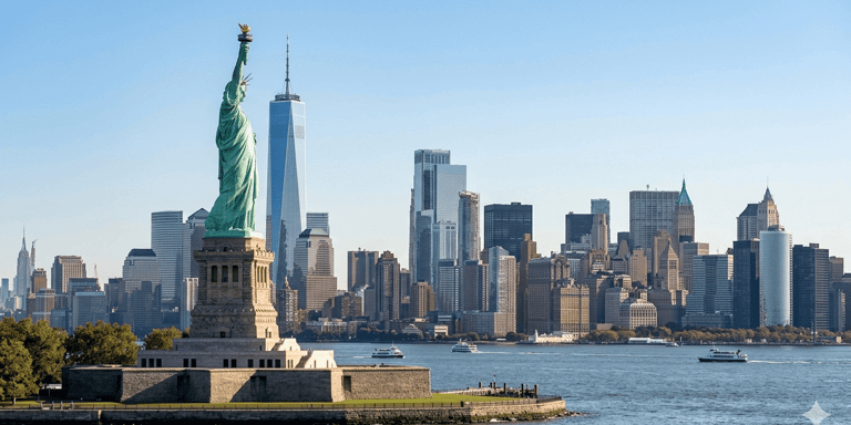 Estátua da Liberdade com skyline de Nova York ao fundo.