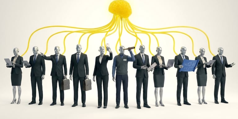 A glowing brain connected to a group of business professionals representing collective intelligence and AI innovation.