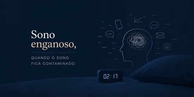 Ilustração sobre sono enganoso, cama e mente acelerada.