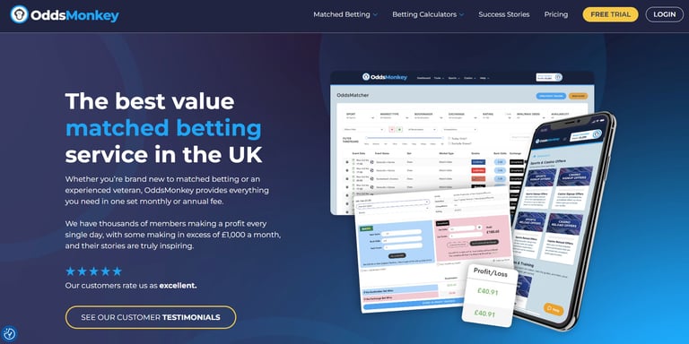 OddsMonkey matched betting service website showing the OddsMatcher tool and mobile app interface.