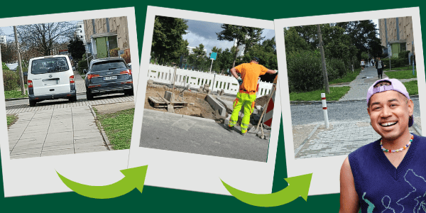 Sharepic zum Antrag, das die Umsetzung der Bauarbeiten und ein Portrait von Dante Davies zeigt.