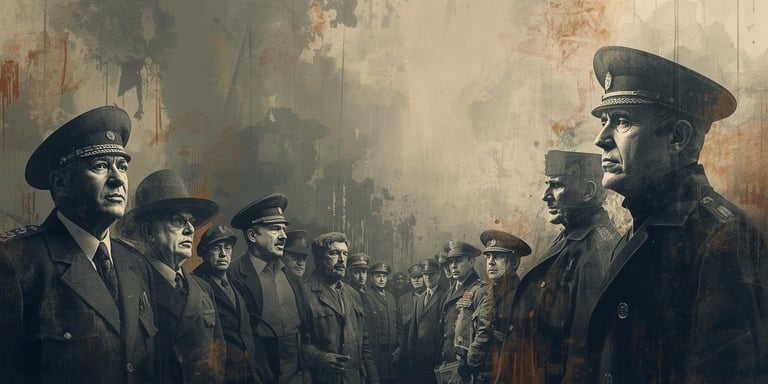 Vintage-style digital art of military officers in uniform standing in a cinematic, moody scene.
