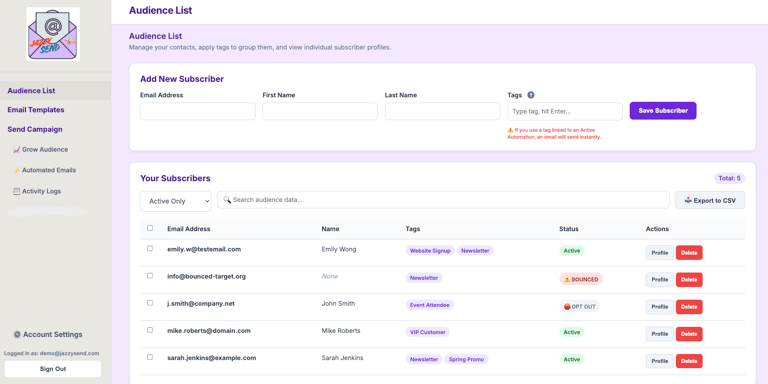 JazzySend subscriber management and audience list dashboard