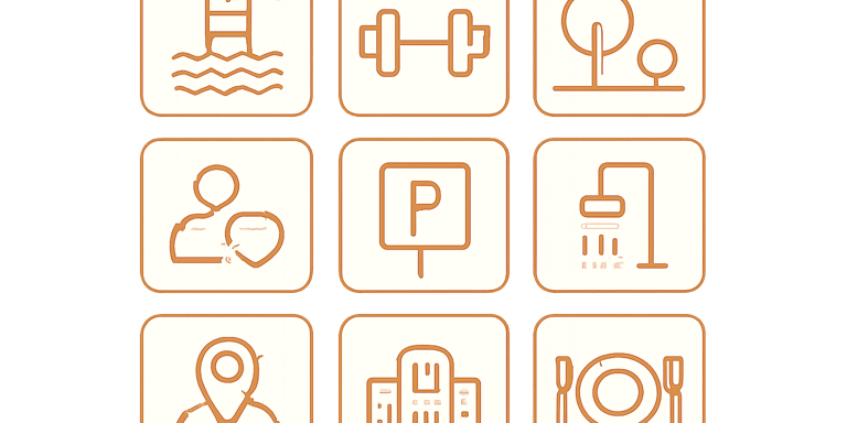 Grid of amenity icons including pool, gym, garden, and more, each in a white square with a gold outline.