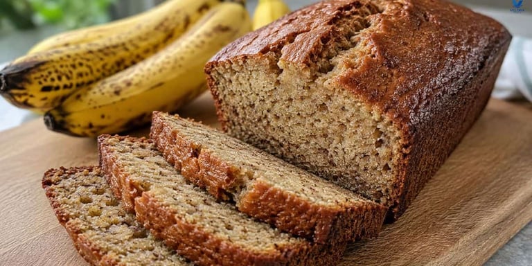 A banana bread loaf on a wooden cutting board, with ripe bananas providing the fruit.
