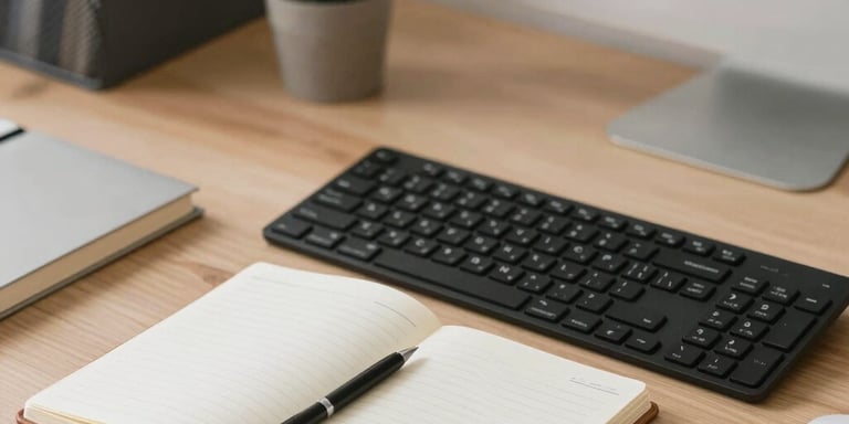 A small business owner happily working on their laptop with organized paperwork nearby.