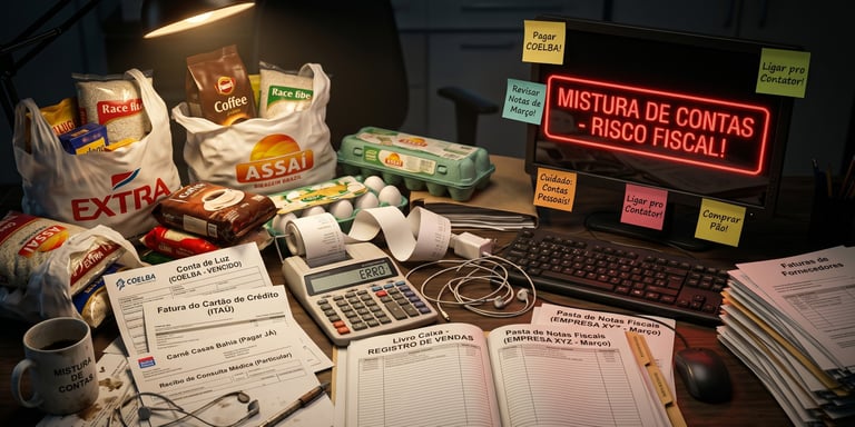 Mesa desorganizada misturando contas pessoais e despesas da empresa, o principal erro financeiro, MEI 2026