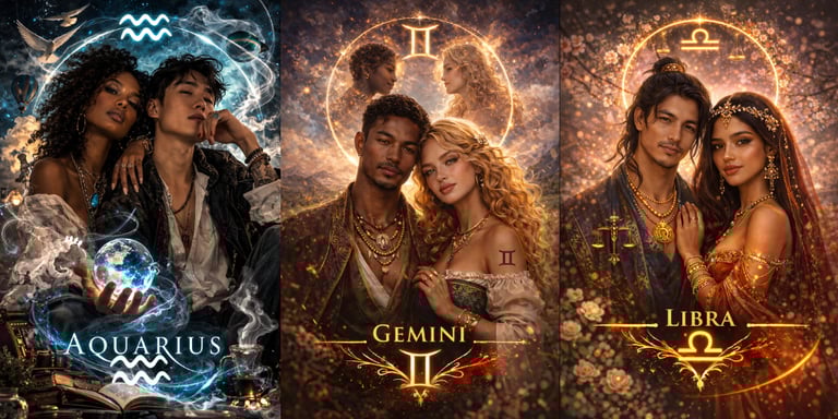 Artistic zodiac signs posters featuring ethereal couples representing Aquarius, Gemini, and Libra.