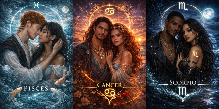 Three romantic couples representing Pisces, Cancer, and Scorpio water zodiac signs in a mystical sea setting.