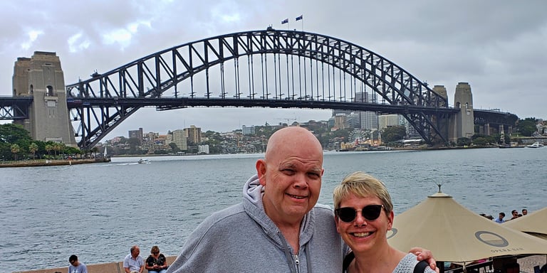 Lady and The Pirate in front of the Sydney Harbor Bridge in Australia