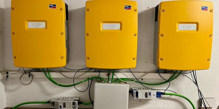 three yellow SMA sunny island on a wall in a garage